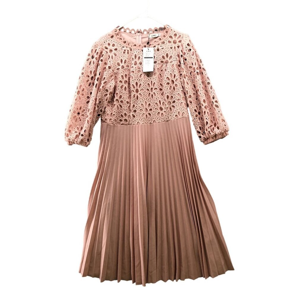 NWT AOMEI Dress Womens 1X Pink Crochet Balloon Sleeve Pleated Midi Cocktail